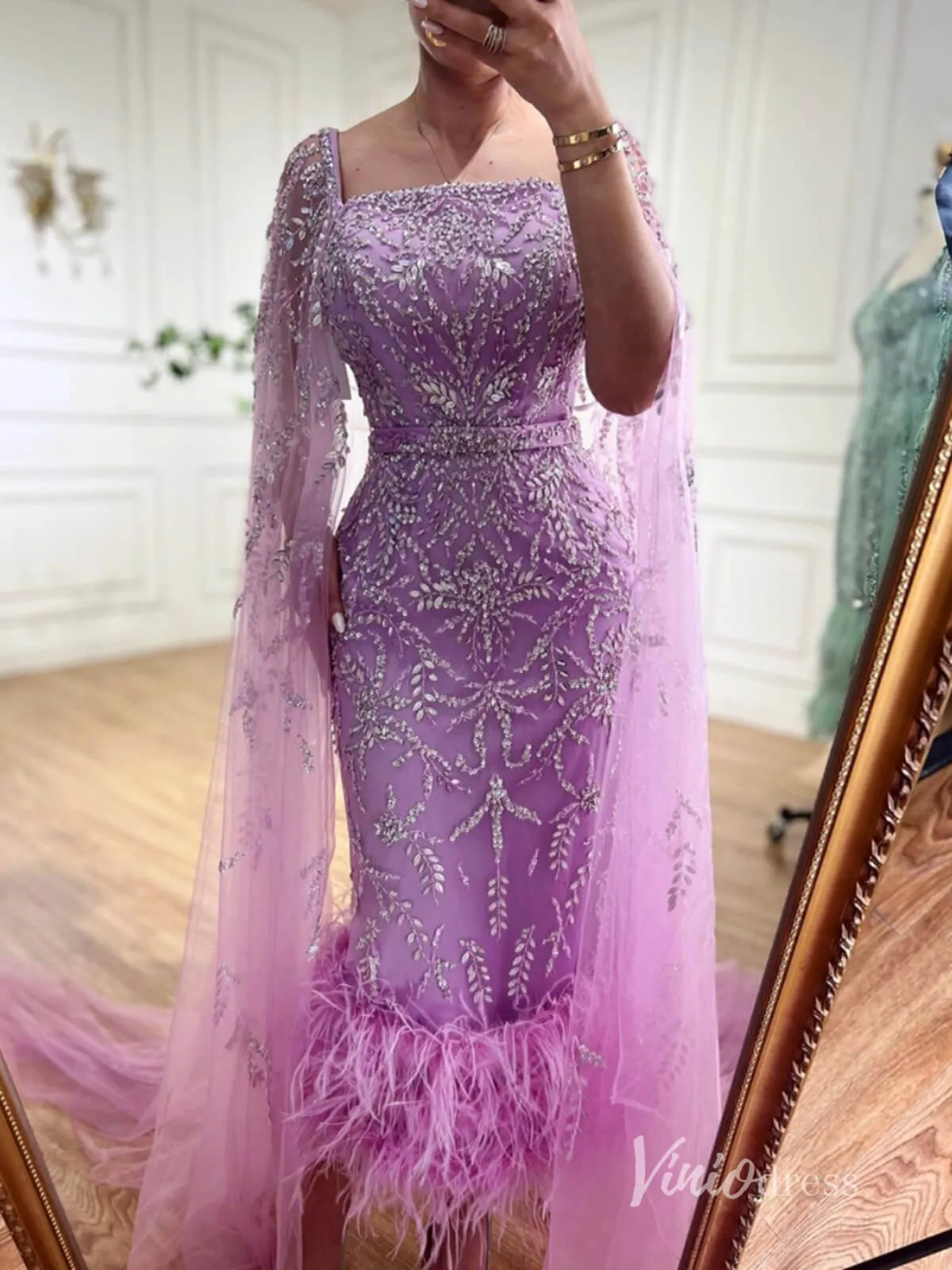 Beaded Tea-Length Evening Dresses Extra Long Sleeve Mother of the Bride Dresses AD1126