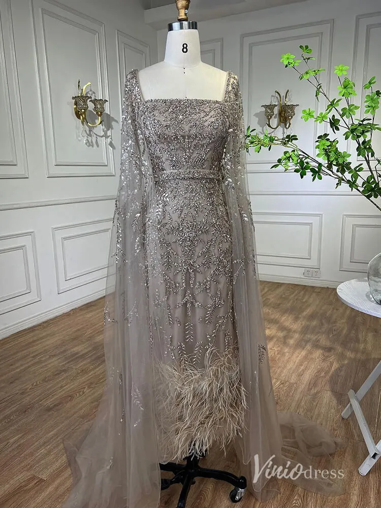 Beaded Tea-Length Evening Dresses Extra Long Sleeve Mother of the Bride Dresses AD1126