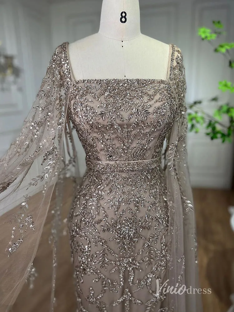 Beaded Tea-Length Evening Dresses Extra Long Sleeve Mother of the Bride Dresses AD1126