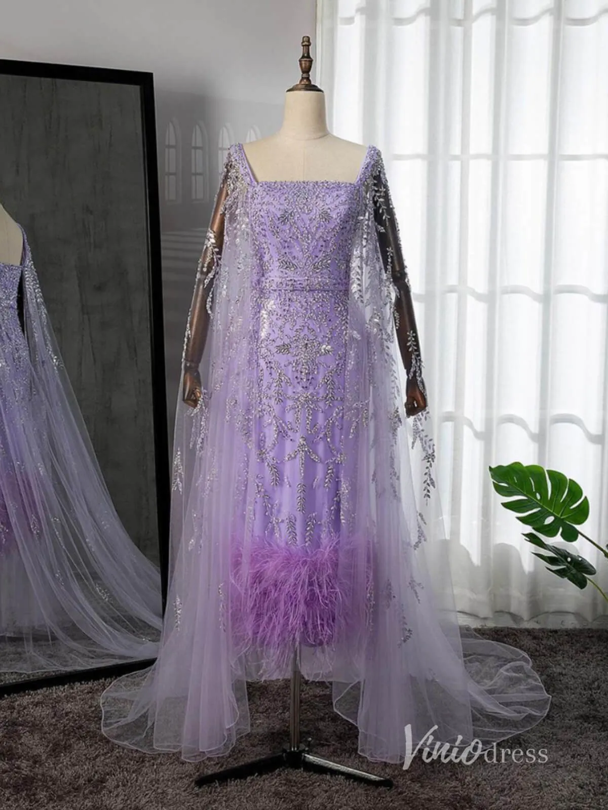 Beaded Tea-Length Evening Dresses Extra Long Sleeve Mother of the Bride Dresses AD1126