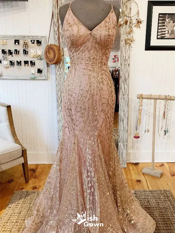 Beautiful Pink Lace Mermaid Spaghetti Straps Popular Long Evening Dresses, Formal Dresses, Birthday Party, WGP573