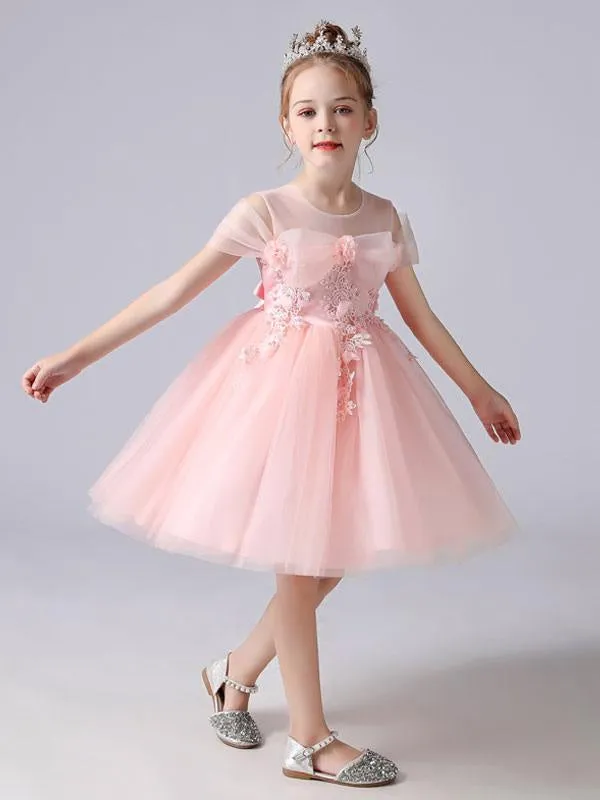 Beautiful Sleeveless Pink Flower Girl Dresses Jewel Neck Lace Short Pageant Dresses for Kids