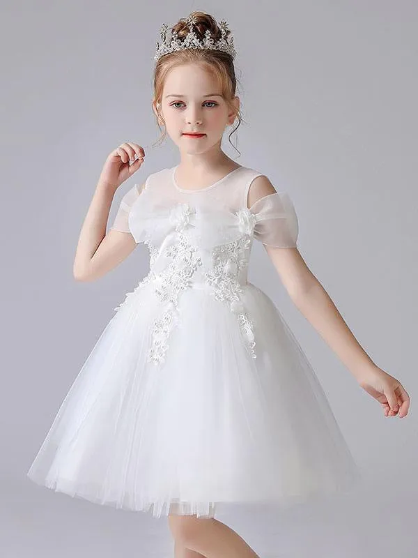 Beautiful Sleeveless Pink Flower Girl Dresses Jewel Neck Lace Short Pageant Dresses for Kids