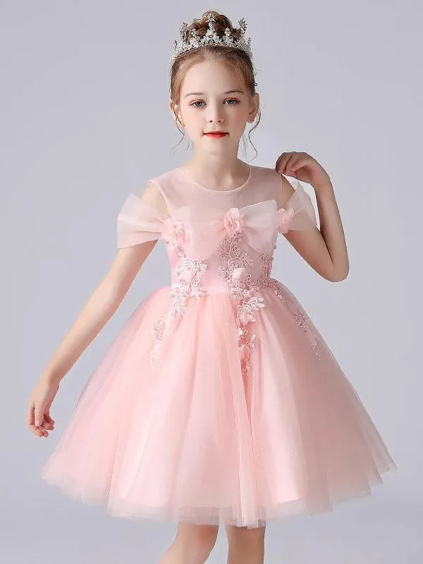 Beautiful Sleeveless Pink Flower Girl Dresses Jewel Neck Lace Short Pageant Dresses for Kids