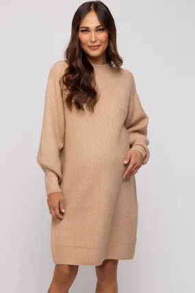 Beige Mock Neck Maternity Sweater Dress