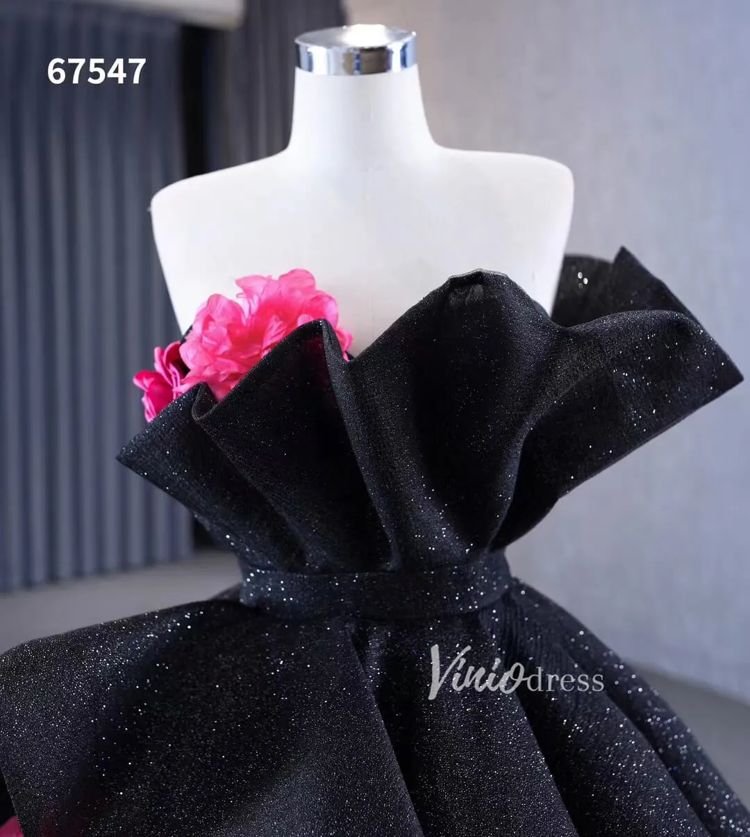 Black 3D Flowers Wedding Dresses Strapless Sparkly Ball Gown 67547