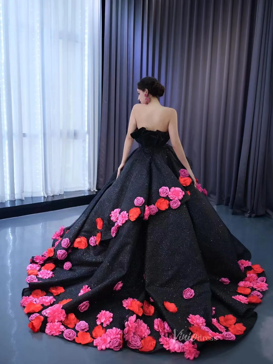 Black 3D Flowers Wedding Dresses Strapless Sparkly Ball Gown 67547