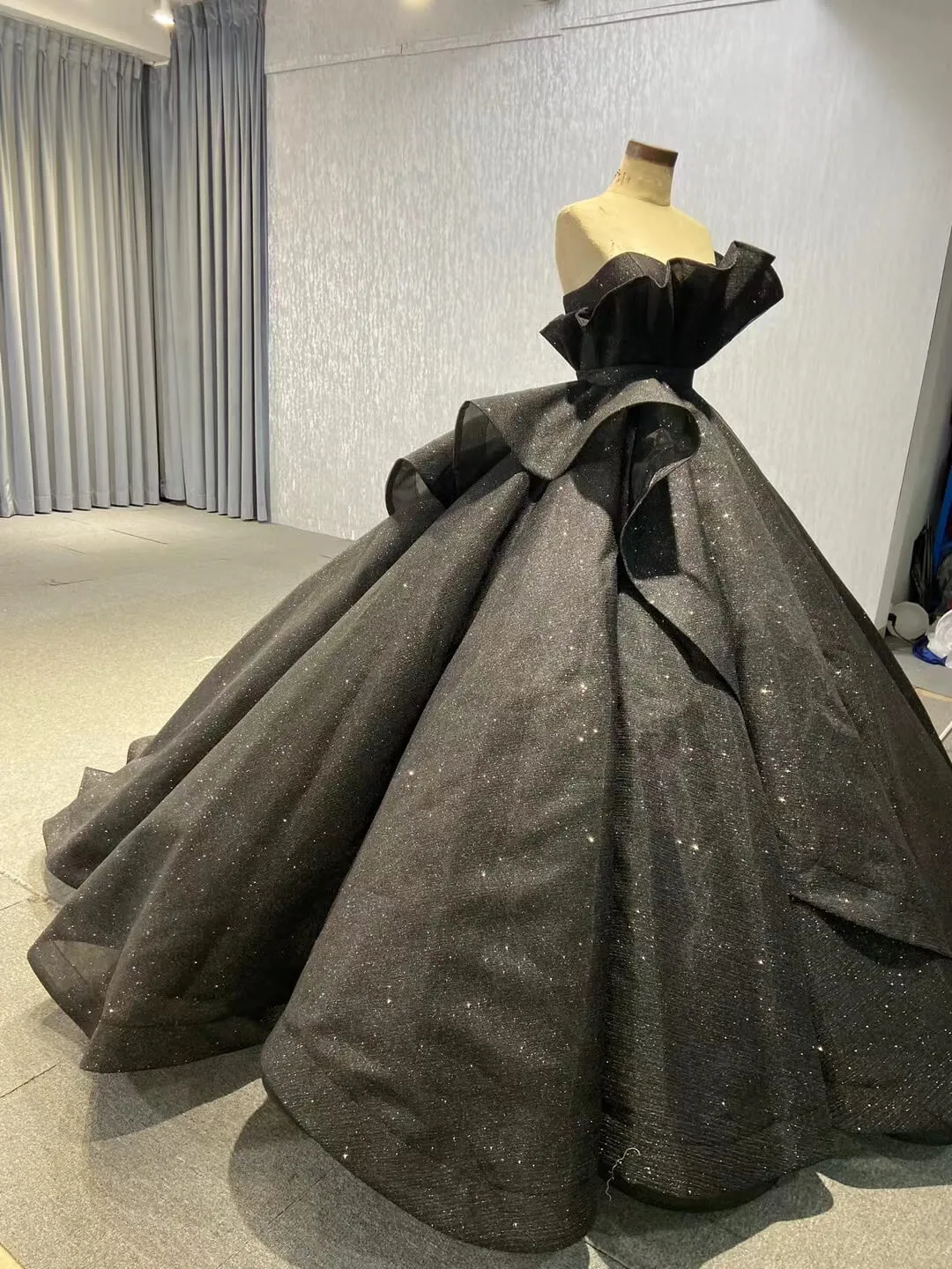 Black 3D Flowers Wedding Dresses Strapless Sparkly Ball Gown 67547