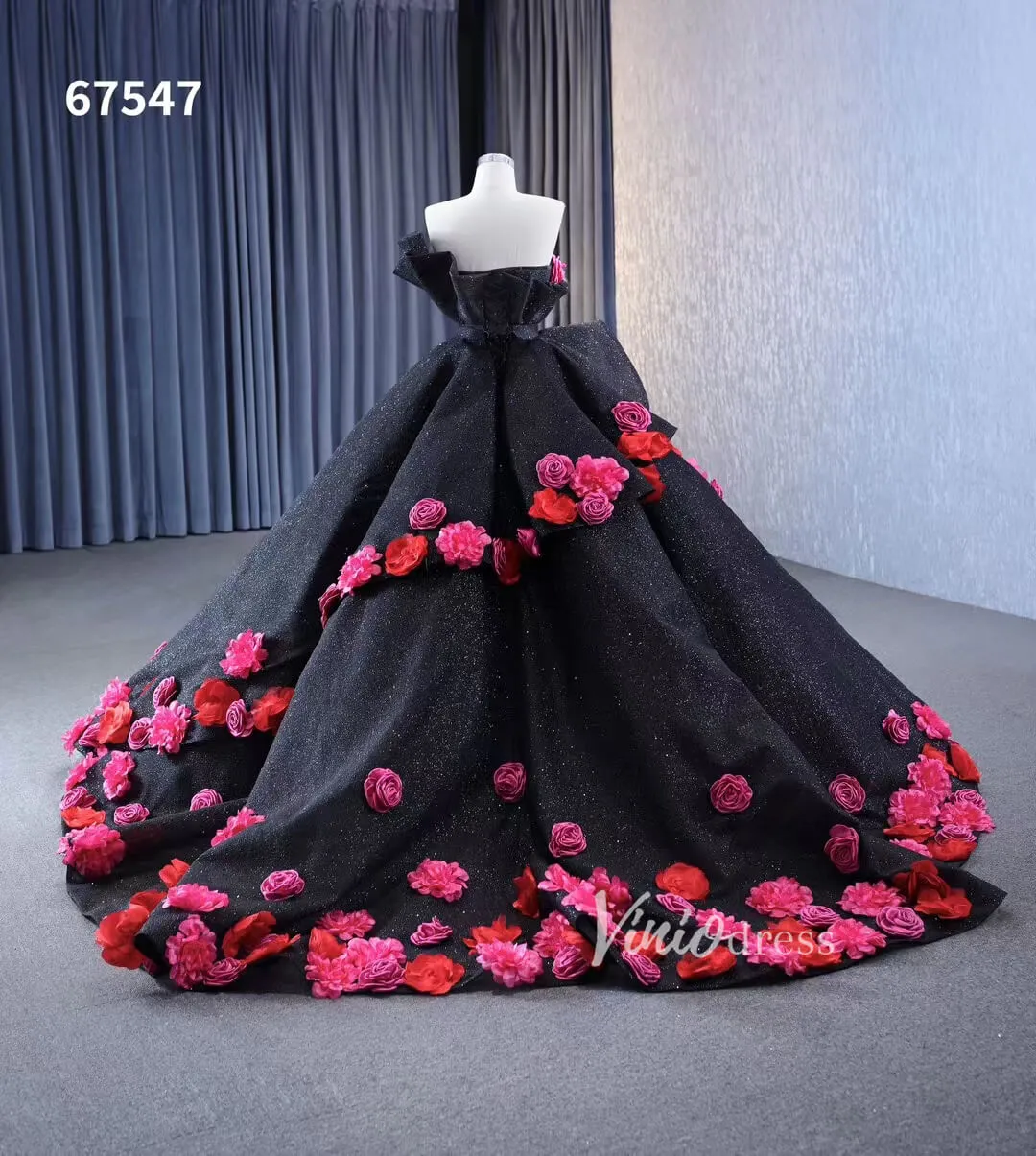 Black 3D Flowers Wedding Dresses Strapless Sparkly Ball Gown 67547