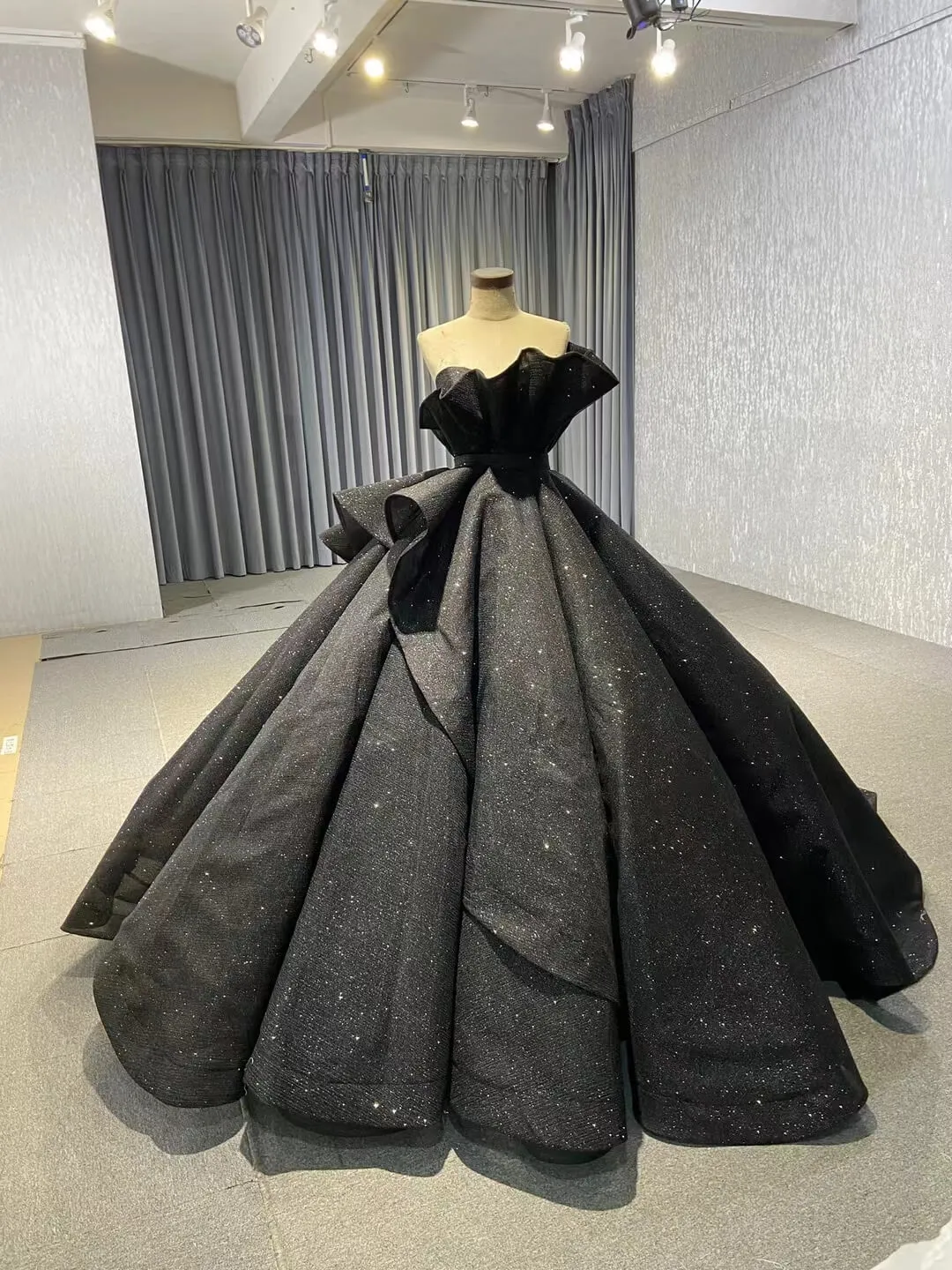 Black 3D Flowers Wedding Dresses Strapless Sparkly Ball Gown 67547