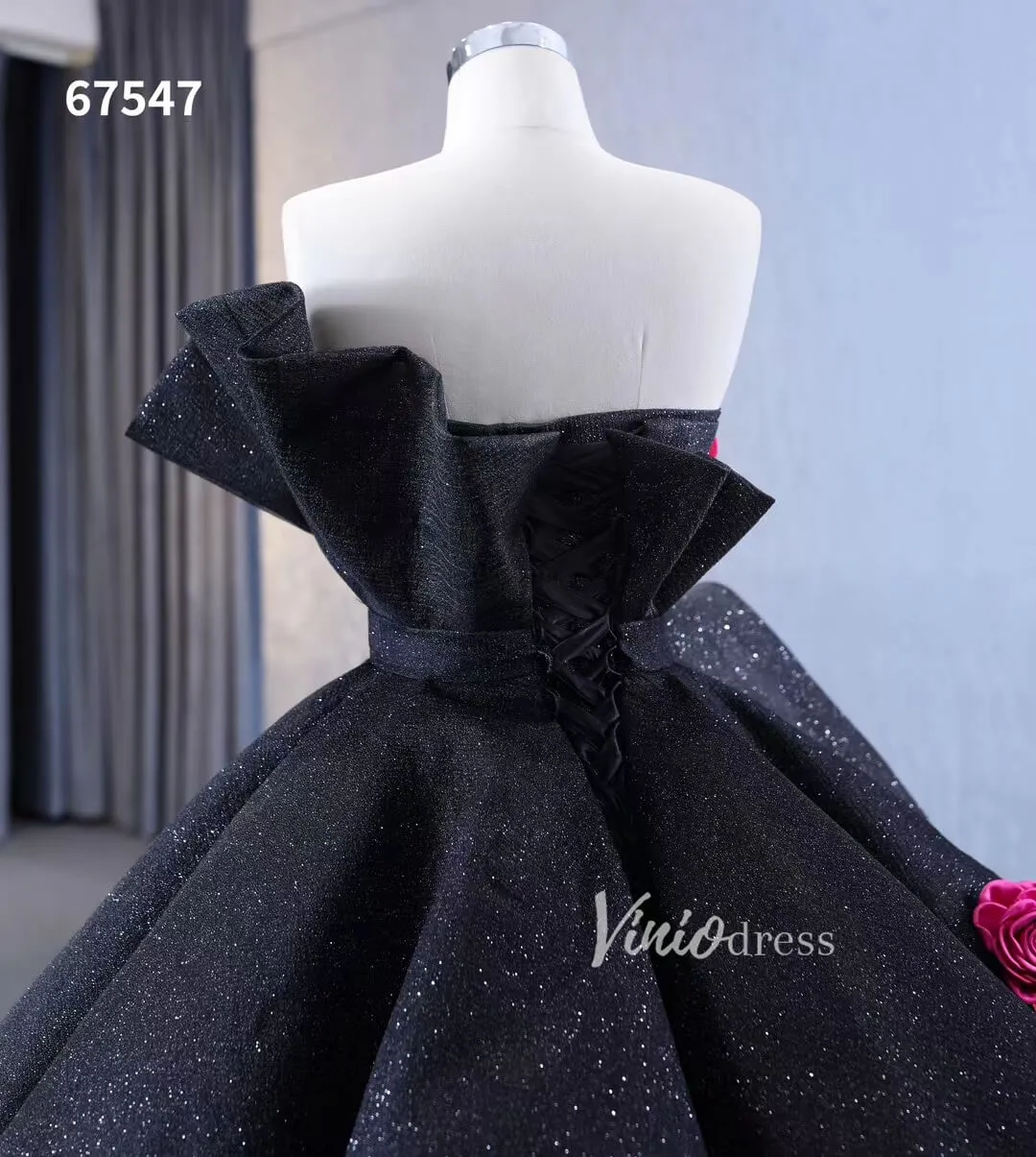 Black 3D Flowers Wedding Dresses Strapless Sparkly Ball Gown 67547