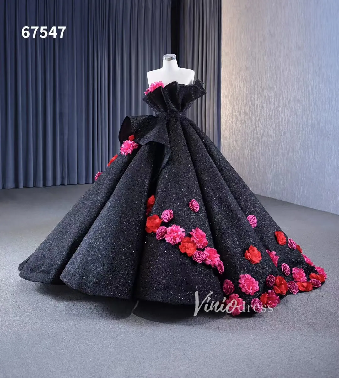 Black 3D Flowers Wedding Dresses Strapless Sparkly Ball Gown 67547