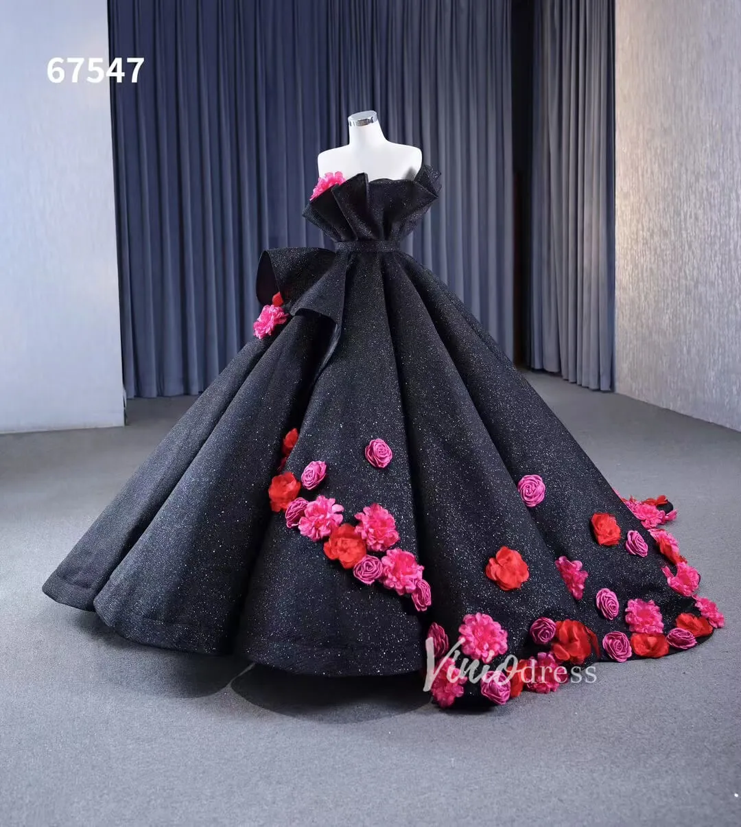 Black 3D Flowers Wedding Dresses Strapless Sparkly Ball Gown 67547