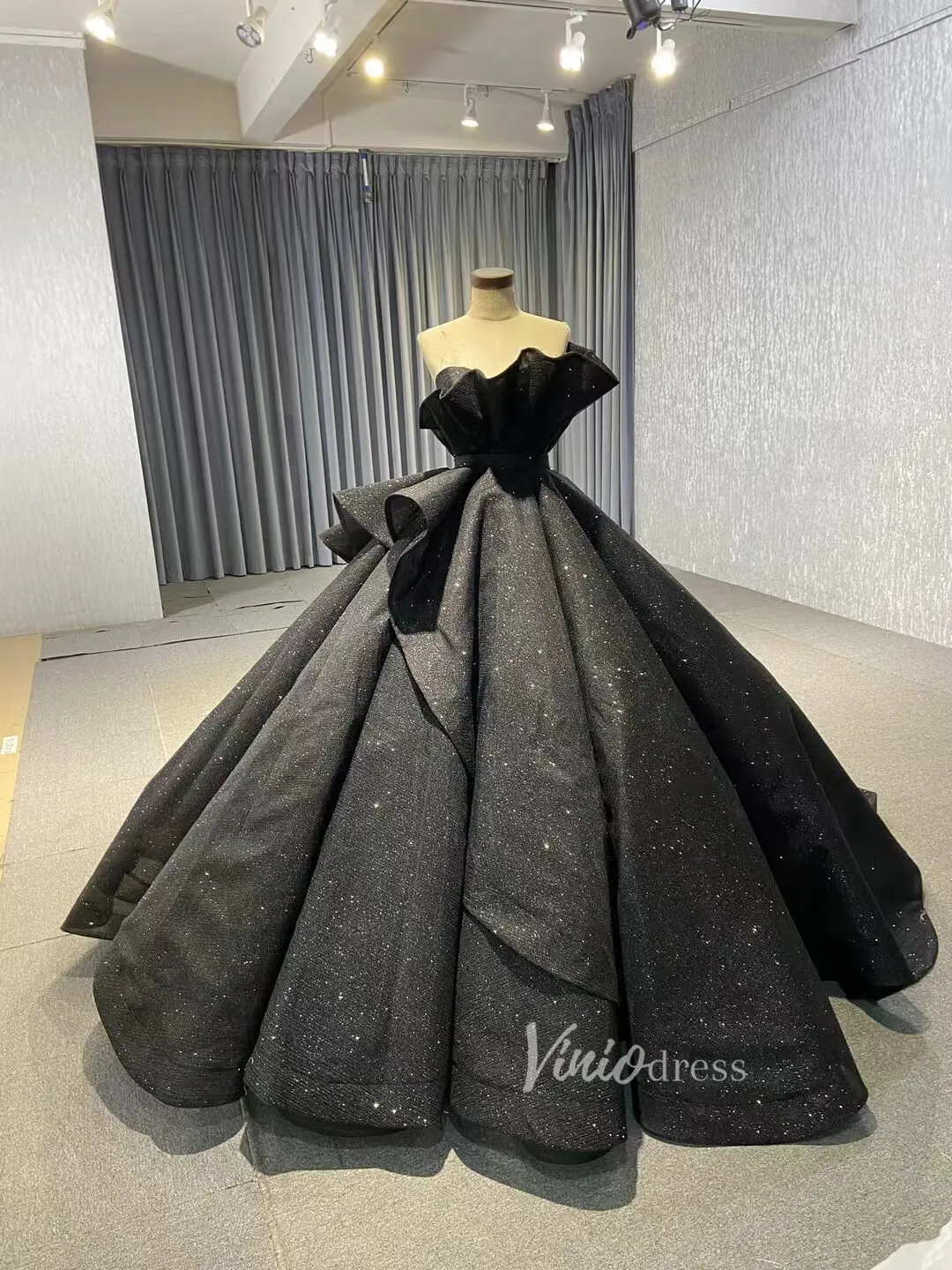 Black 3D Flowers Wedding Dresses Strapless Sparkly Ball Gown 67547