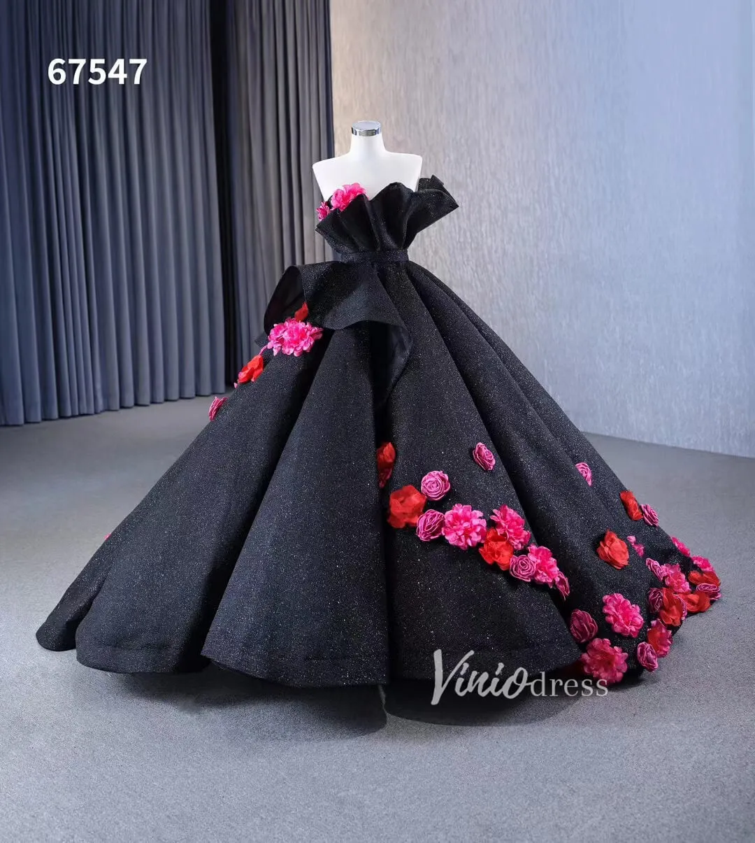 Black 3D Flowers Wedding Dresses Strapless Sparkly Ball Gown 67547