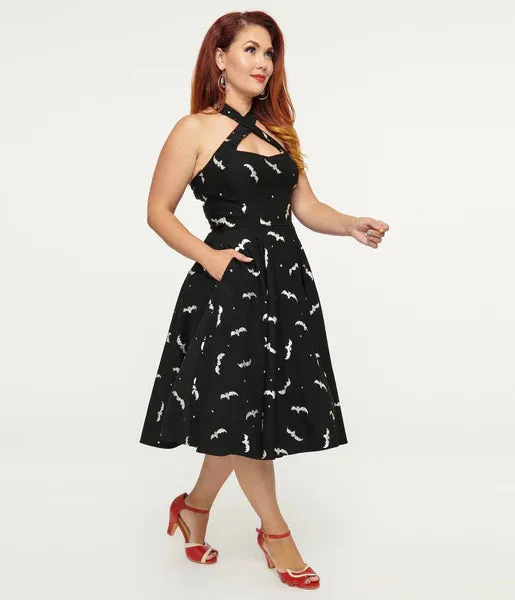 Black & Silver Bats Criss Cross Halter Rita Flare Dress