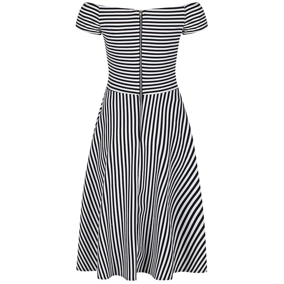 Black and White Vintage Striped Cap Sleeve Swing Dress