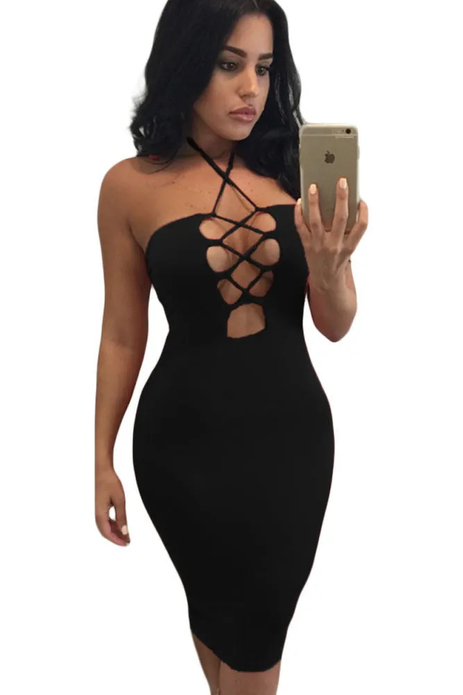 Black Halter Lace-up Bust Dress