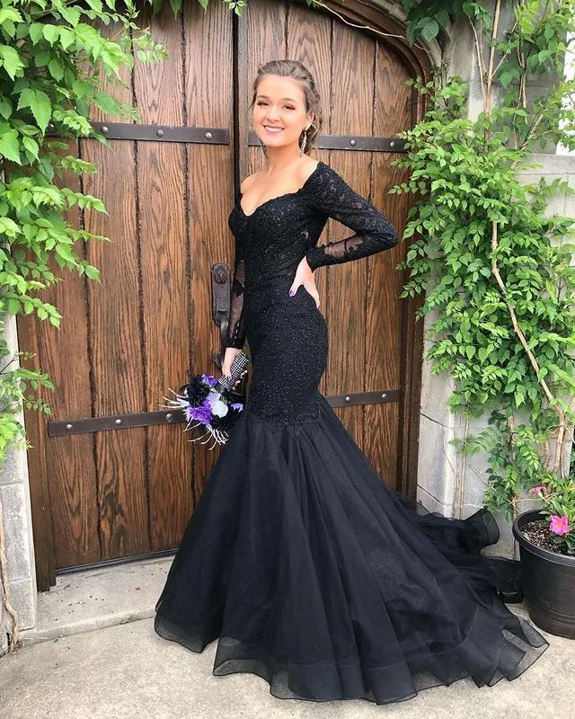 Black Mermaid Long Prom Dresses with Appliques and Beading,Evening Dresses,Winter Formal Dresses,BP589