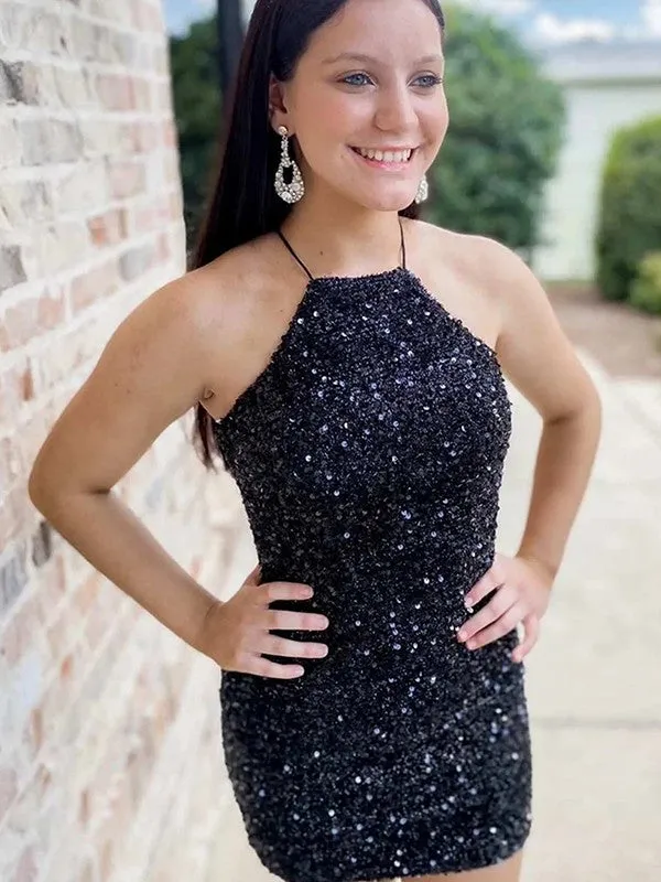 Black Sheath Halter Sleeveless Short Velvet Sequin Prom Dress (AF1029)