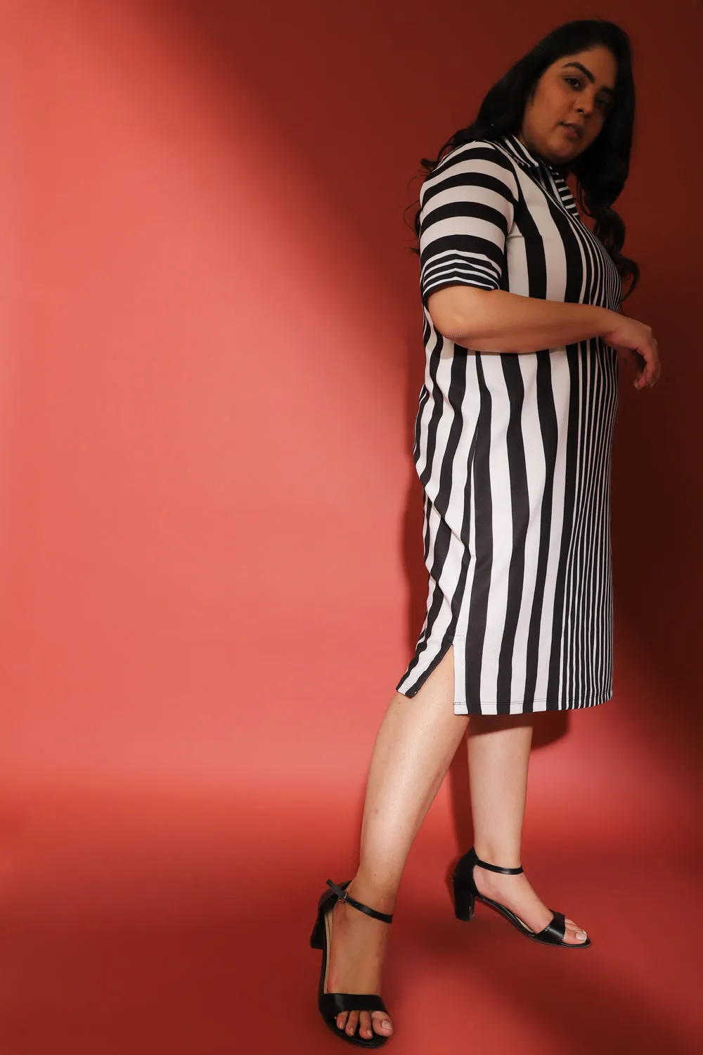 Black White Stripe Printed Polo Dress