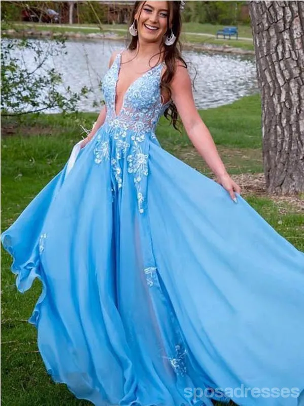 Blue A-line V-neck See Through Long Prom Dresses Online, Dance Dresses,12721