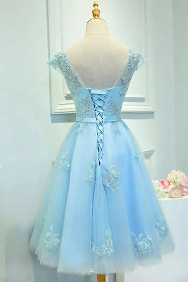 Blue Capped Sleeve Lace Appliques Short Homecoming Dresses