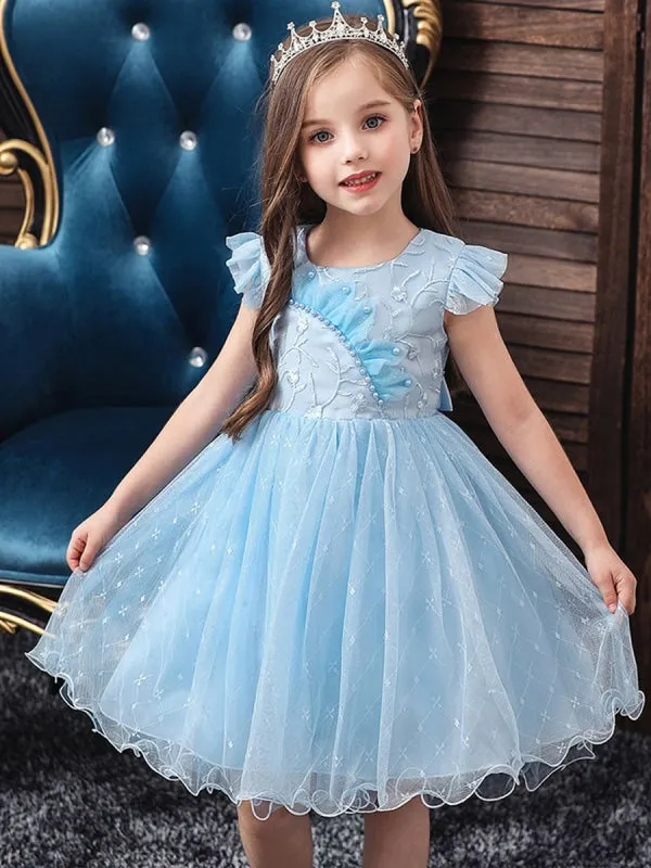 Blue Kids Lace Wedding Ceremony Dresses Summer Children Party Elegant Princess Long Tulle Baby Girls