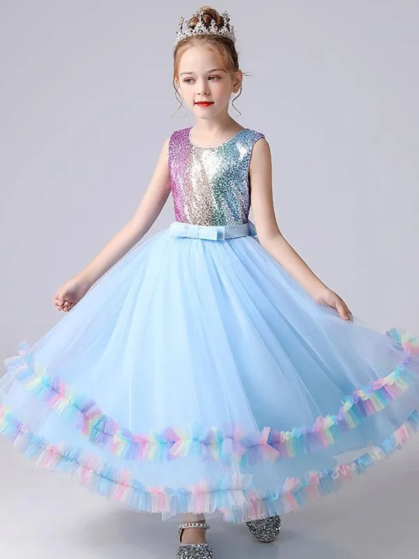 Blue Kids Party Dresses Princess Dress Sequins Flower Girl Dresses Tulle Sleeveless