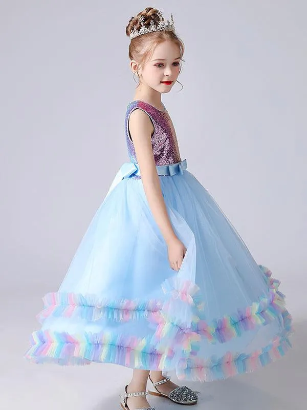 Blue Kids Party Dresses Princess Dress Sequins Flower Girl Dresses Tulle Sleeveless