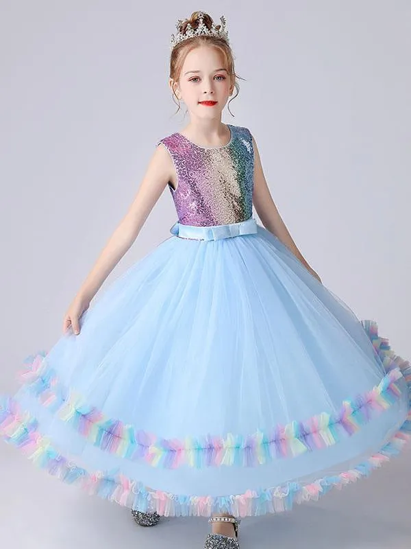 Blue Kids Party Dresses Princess Dress Sequins Flower Girl Dresses Tulle Sleeveless