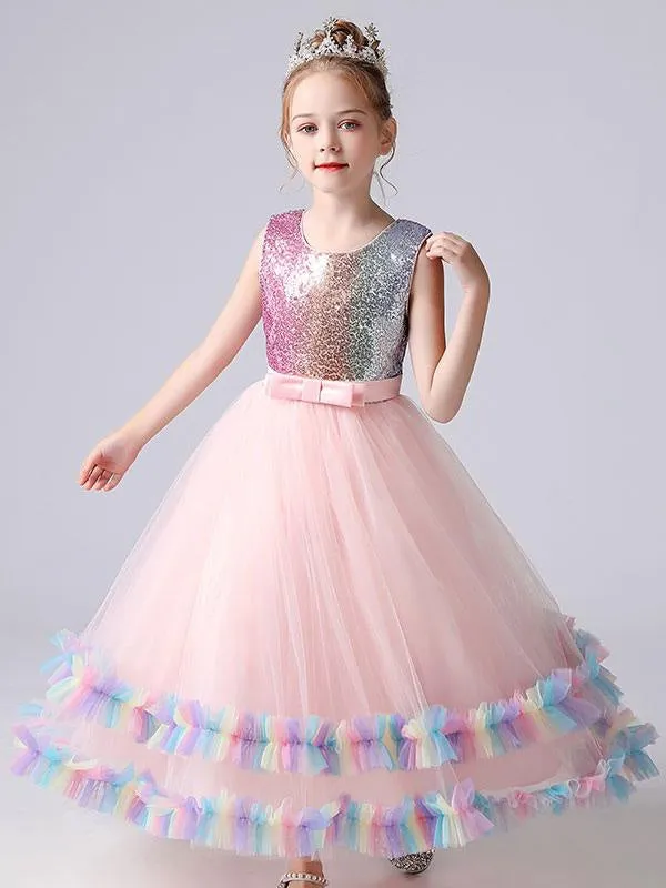 Blue Kids Party Dresses Princess Dress Sequins Flower Girl Dresses Tulle Sleeveless