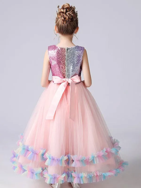 Blue Kids Party Dresses Princess Dress Sequins Flower Girl Dresses Tulle Sleeveless