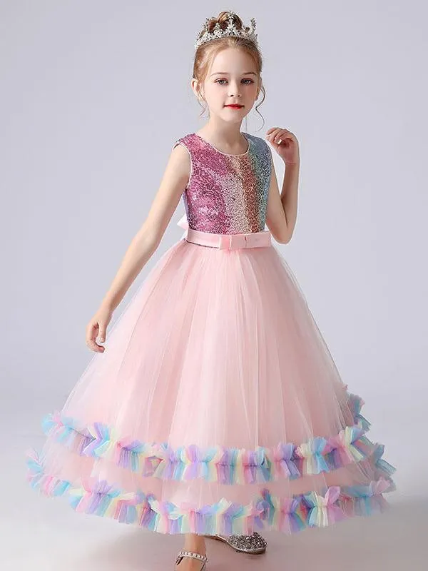 Blue Kids Party Dresses Princess Dress Sequins Flower Girl Dresses Tulle Sleeveless