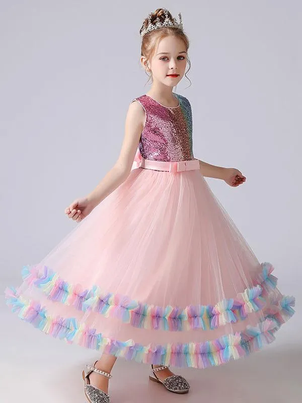 Blue Kids Party Dresses Princess Dress Sequins Flower Girl Dresses Tulle Sleeveless