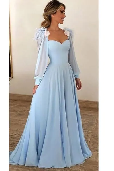 Blue Long Sleeves Sweetheart Prom Dresses A Line Long Evening Dresses