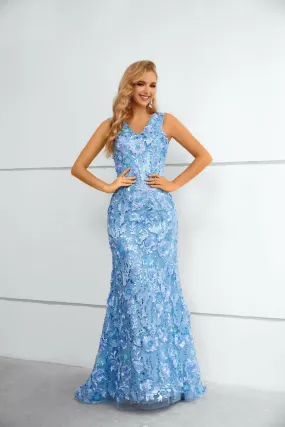 Blue V Neck Sleeveless Lace Long Mermaid Prom Dresses