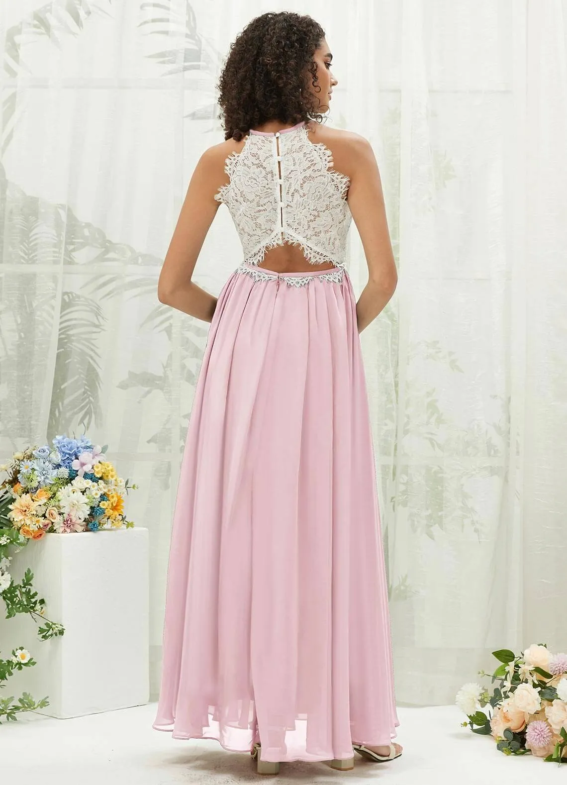 Blush Lace Halter Neck Backless Chiffon Slit Bridesmaid Dress