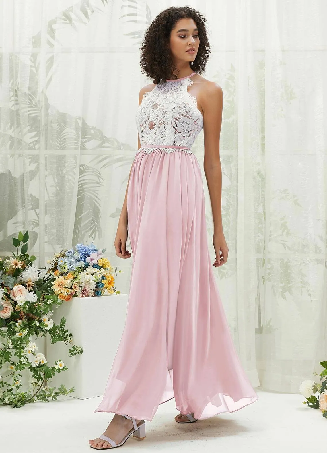 Blush Lace Halter Neck Backless Chiffon Slit Bridesmaid Dress