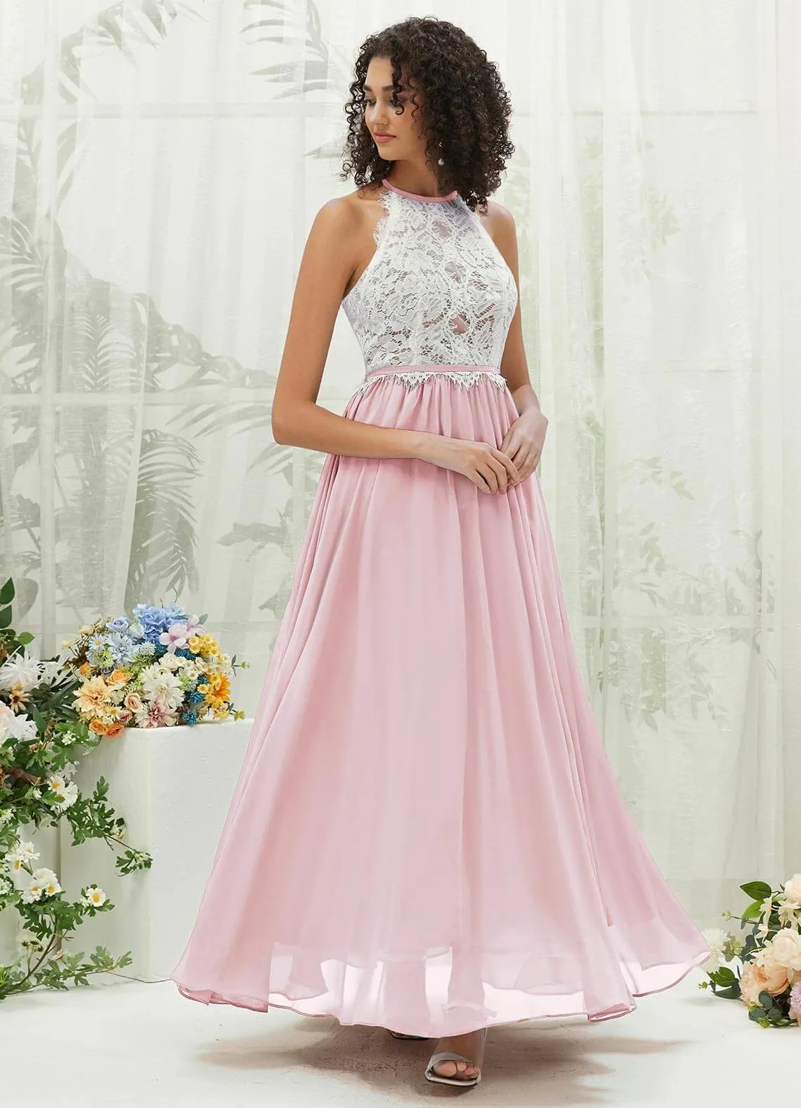 Blush Lace Halter Neck Backless Chiffon Slit Bridesmaid Dress