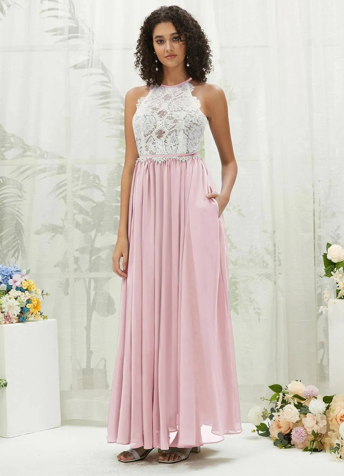 Blush Lace Halter Neck Backless Chiffon Slit Bridesmaid Dress