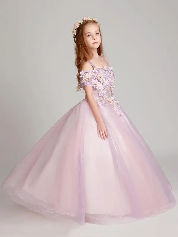 Blush Pink Off The Shoulder Flower Girl Dresses Illusion Applique Floor Length Kids Pageant Dresses