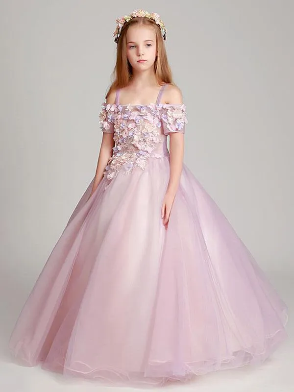 Blush Pink Off The Shoulder Flower Girl Dresses Illusion Applique Floor Length Kids Pageant Dresses