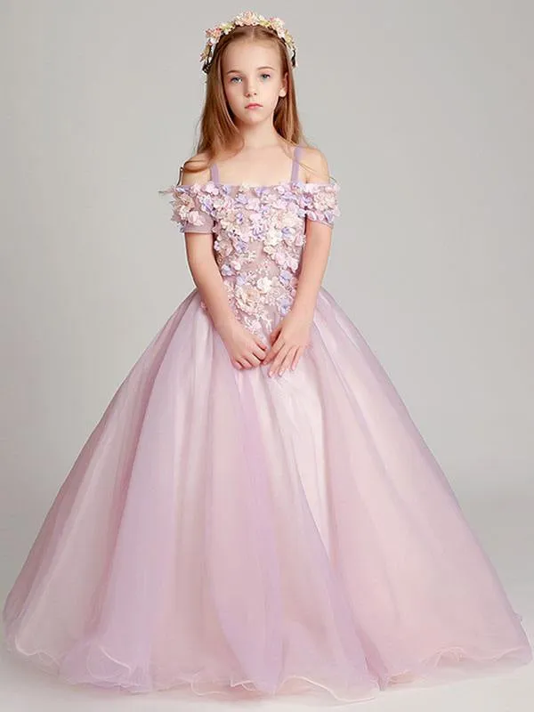 Blush Pink Off The Shoulder Flower Girl Dresses Illusion Applique Floor Length Kids Pageant Dresses