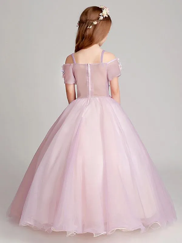 Blush Pink Off The Shoulder Flower Girl Dresses Illusion Applique Floor Length Kids Pageant Dresses