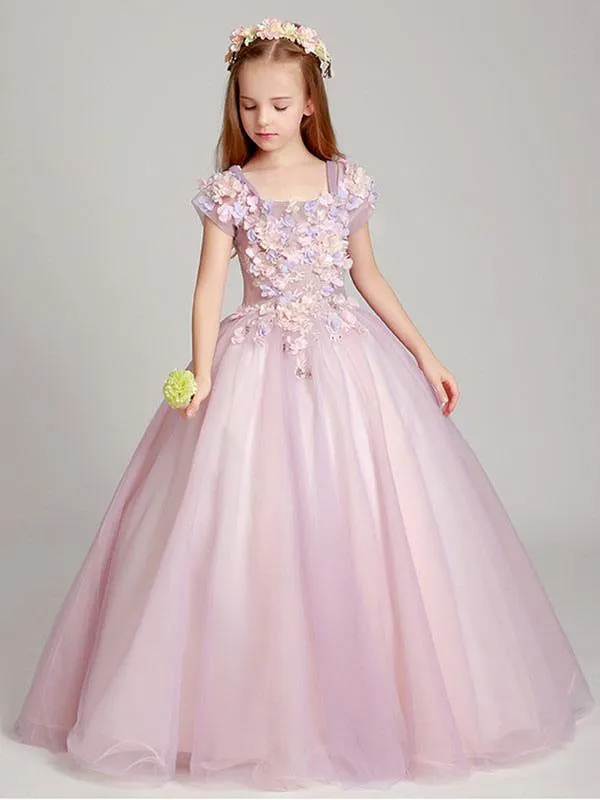 Blush Pink Off The Shoulder Flower Girl Dresses Illusion Applique Floor Length Kids Pageant Dresses