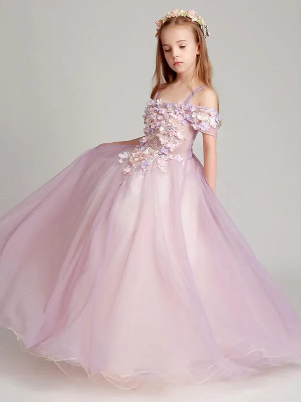 Blush Pink Off The Shoulder Flower Girl Dresses Illusion Applique Floor Length Kids Pageant Dresses