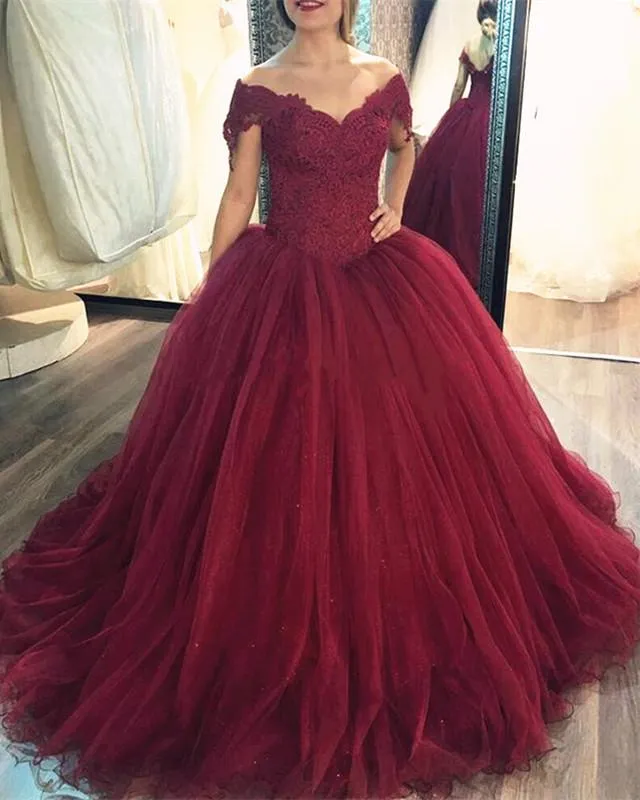 Burgundy Ball Gown Dresses Lace Off The Shoulder