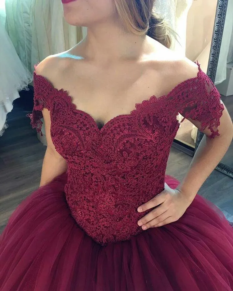 Burgundy Ball Gown Dresses Lace Off The Shoulder