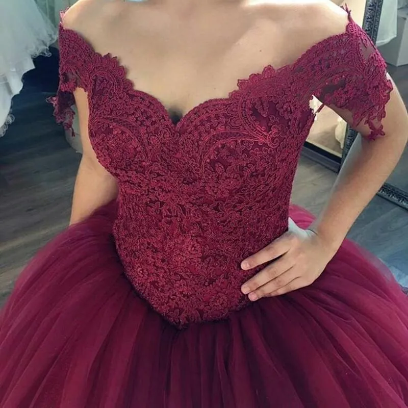 Burgundy Ball Gown Dresses Lace Off The Shoulder